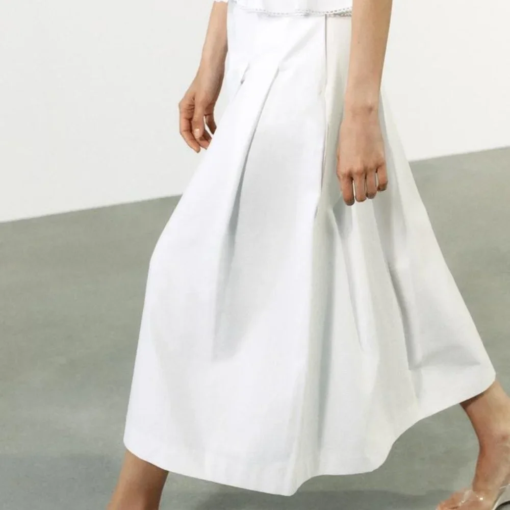 Zara White Pleated Midi Skirt - Size Large - Organic Cotton - Minimalist Chic - Picture 2 of 11